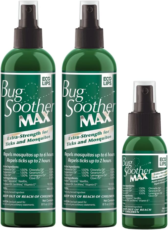 Bug Soother MAX - Extra Strength Natural Gnat, Tick, and Mosquito Repellent, 2 Pack 8 fl oz w/Free 1 oz. DEET-Free Bug Spray Deterrent - Safe for Adults & Environment - Made in USA