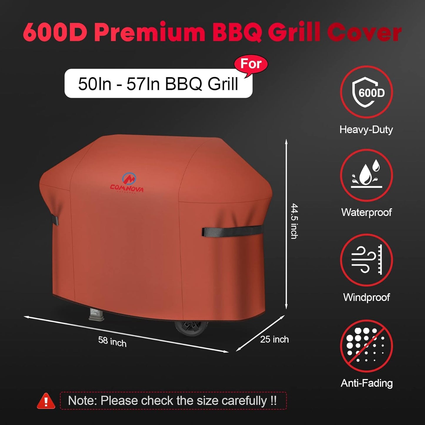 Comnova Grill Cover 58 Inch - 600D BBQ Cover for Outdoor Grill Heavy Duty and Waterproof, 58 Inch Barbecue Gas Grill Covers for Weber, Char-Broil, Nexgrill, Monument, Dyna-glo, Brinkmann and More