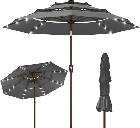 Kingdura 10ft 3-Tier Patio Umbrella with Solar Lights, Table Umbrella Outdoor Patio with Easy Crank & Tilt, 8 Sturdy Ribs, UV Protection, 32 LED Lights for Deck, Poolside, Market (Grey)