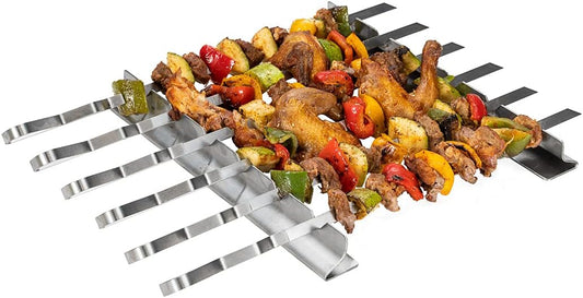 Restaurantware Met Lux 16.9 Inch Barbecue Skewers With Racks 8 Piece Heavy-Duty Shish Kabob Skewer Set - Brings 6 Skewers Includes 2 Grill Racks Stainless Steel Grilling Skewer Set Reusable
