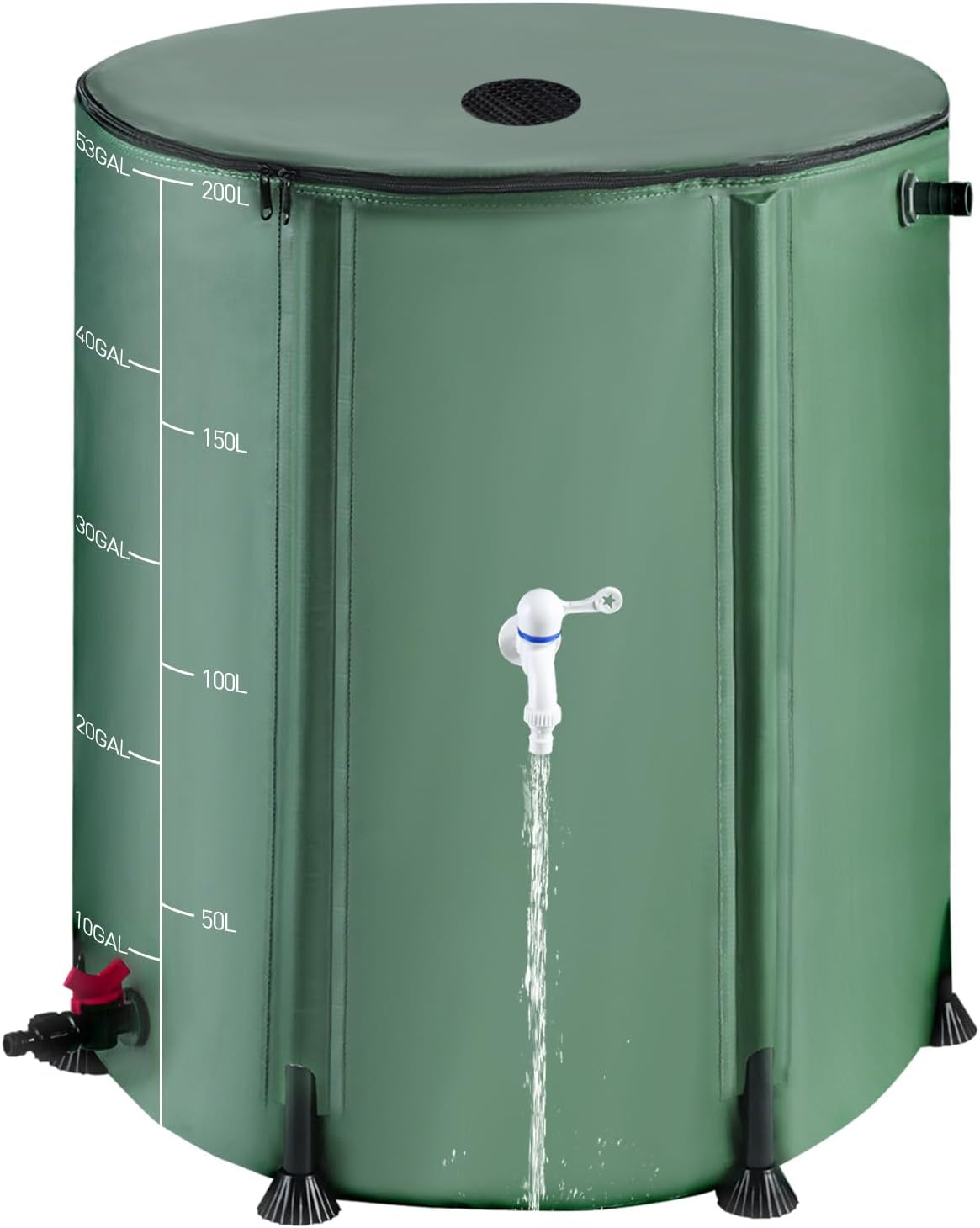 53 Gallon Collapsible Rain Barrel with Zipper Open and 12 Poles, 200L Protable Rainwater Collection System Kit with 1 Spigot and 2 Overflow, 1000D Oxford Rain Catcher Barrel for Outdoor Garden Camping