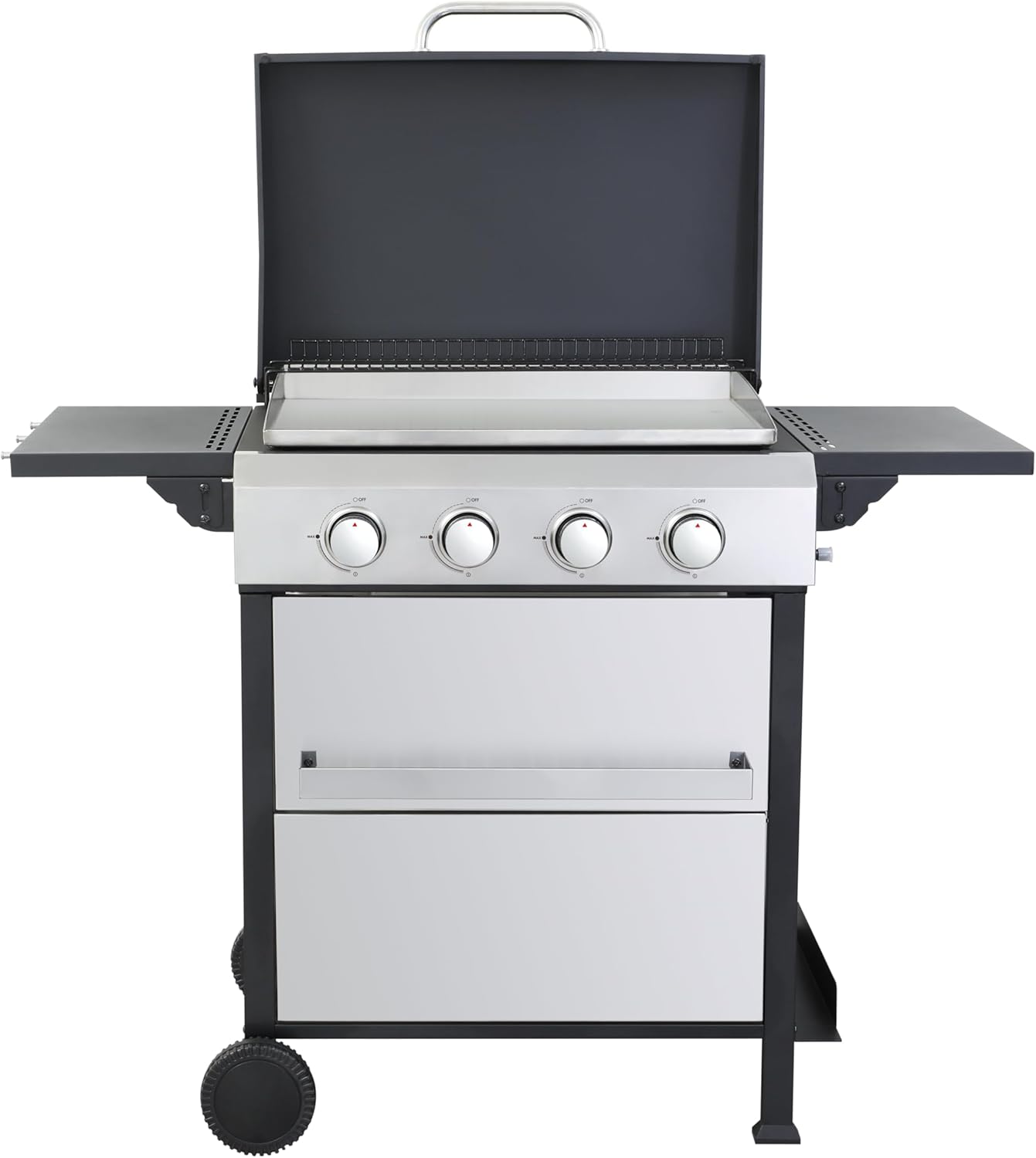 4-Burner Propane Gas BBQ Grill with SS Plancha, 49,200 BTU Output, Wire Enamel Cooking Grids, Foldable Side Table and Hanging Basket, Heavy-Duty Stainless Steel Grill