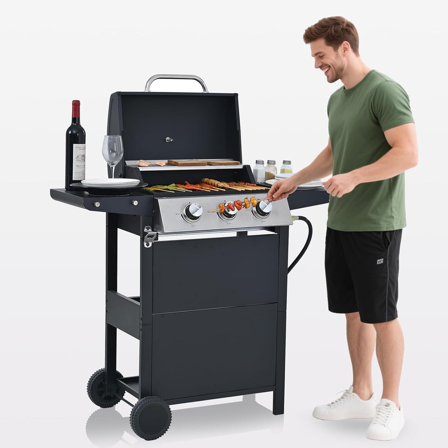 3-Burner Propane Gas BBQ Grill, Porcelain-Enameled Cast Iron Grates and 2 Foldable Side Tables, 25,650 BTU Stainless Steel Grill for Outdoor Camping Barbecue Grilling Backyard Cooking