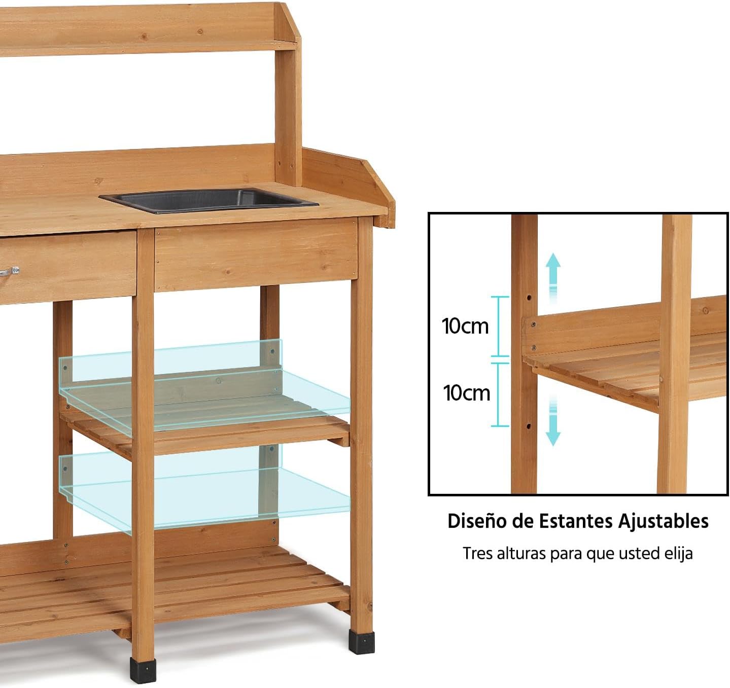 Yaheetech Potting Bench Outdoor Garden Work Bench Station Planting Solid Wood Construction for Horticulture w/Sink Drawer Rack Shelves Natural Wood