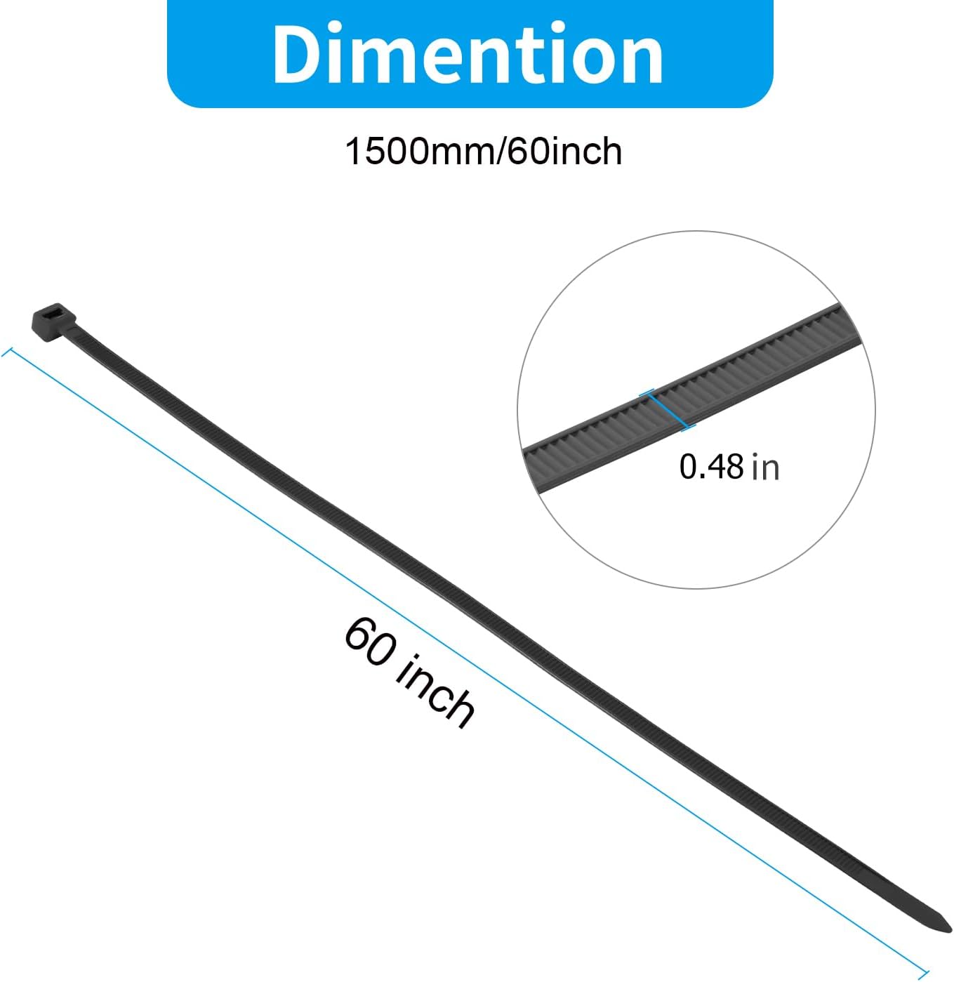 XINGO 60 inch Blcak Zip Ties Heavy Duty 20 PCS, 250 lbs Ultra Strong Plastic Wire Ties, Large Cable Ties Extra Long Tie Wraps, Indoor and Outdoor UV Resistant