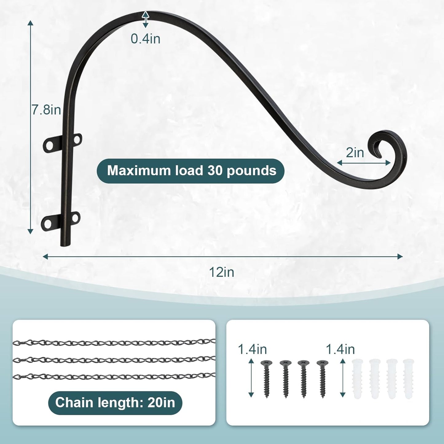 Plant Hangers Outdoor, 4 Pack 12 Inch Plant Hooks with 12 Chains for Wall Metal Plants Hanging Bracket for Bird Feeder, Flower Baskets, Wind Chimes, Lanterns, Indoor Outdoor, Black