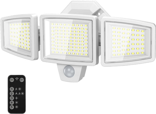 65W LED Flood Light Outdoor, 6500LM, Waterproof, 6500K Motion Sensor Flood Lights Outdoor with Adjustable 3 Head Detected Floodlight for Outside Entryway Garage, Yard, Porch, White