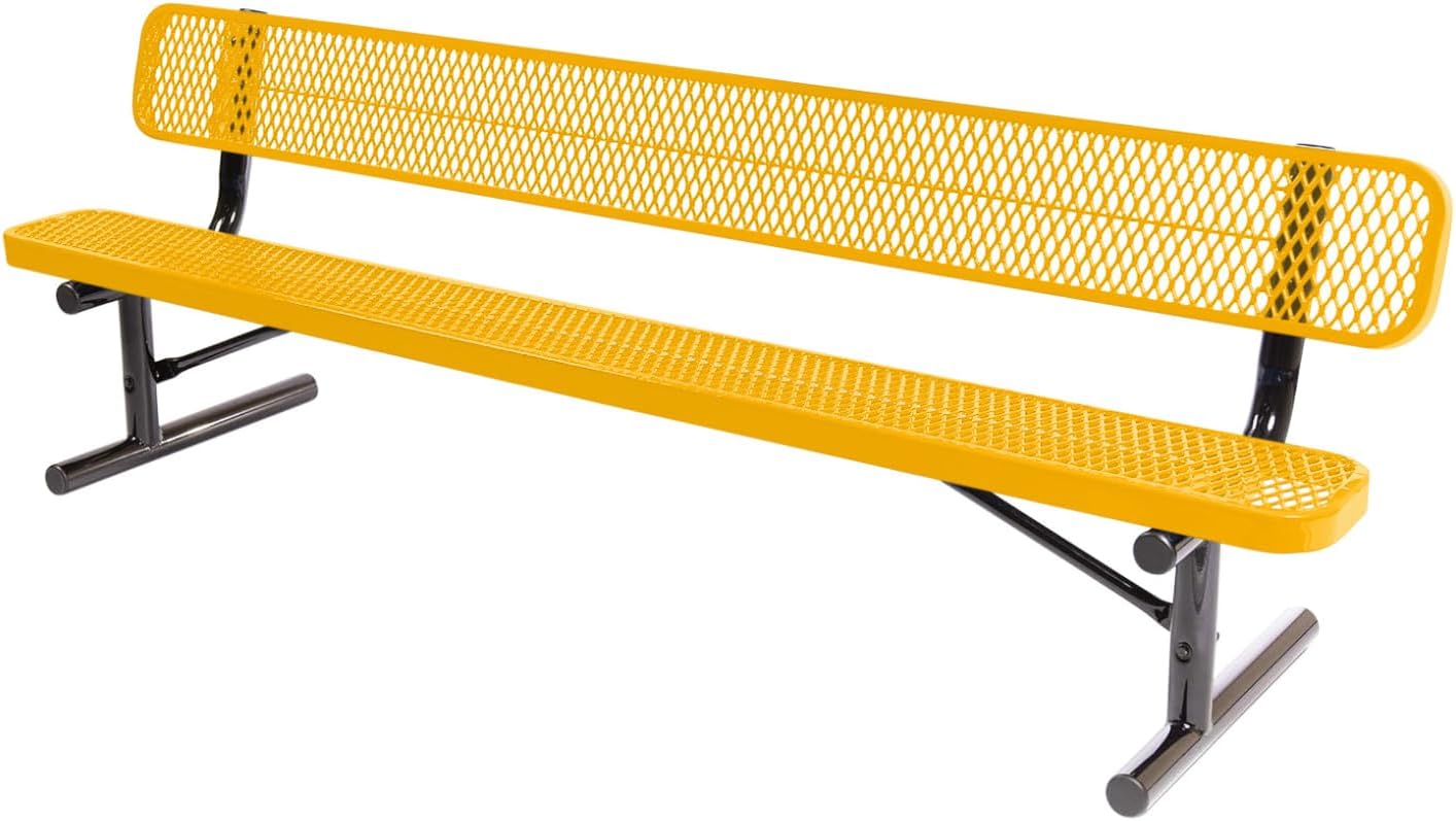 Heavy-Duty Portable Outdoor Bench Thermoplastic Coated, Expanded Metal, Commercial-Grade Seating, Made in America (Portable with Back, 8 Ft, Textured Yellow)