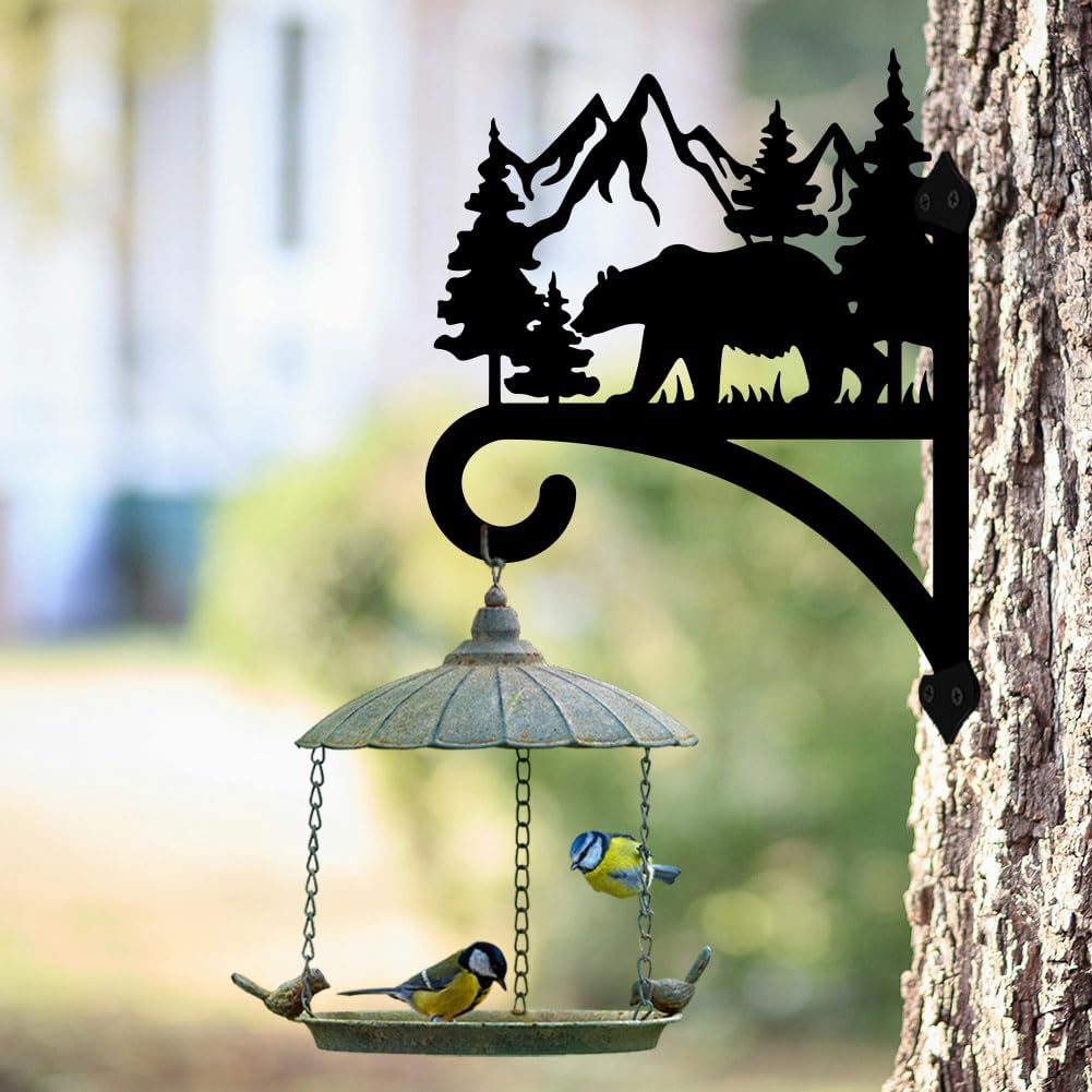 peacoblue Iron Plant Hanger Hook for Outdoor Indoor Hanging Plant Flower Fern Pot Lantern Bird Feeder,12"x15" Weather Resistant Metal Wall Holder for Porch Garden Farmhouse(Forest Bear and Mountain)