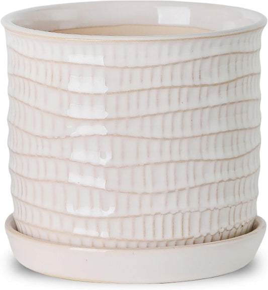 5.8 Inch Plant Pot: Ceramic Planter with Drainage Hole & Saucer for Indoor Outdoor Plants - Flowerpot with Bonded Tray for Home Office - Wave Embossed