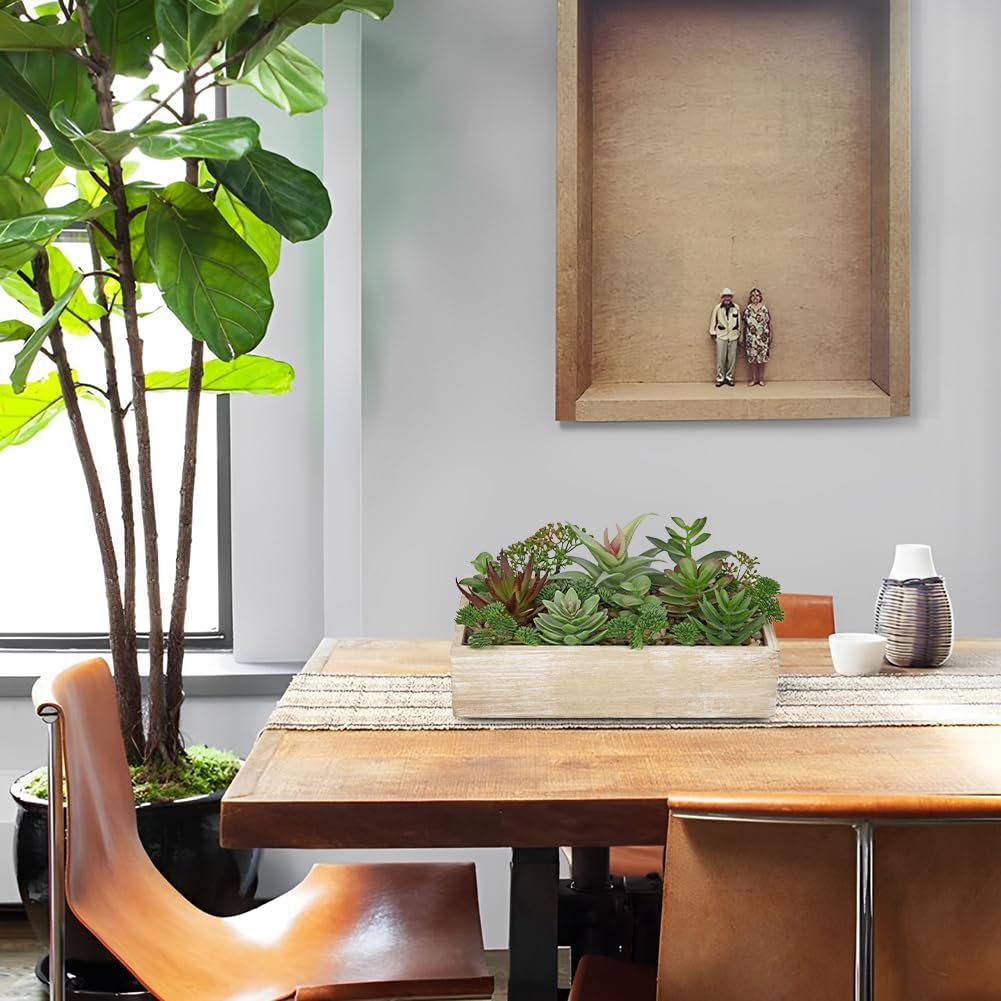 Artificial Succulent Plants in Pot 10 Inch Fake Succulent Arrangement Potted Succulents Plants Centerpiece in Rectangular Wooden Planter for Home Office Desk Shelf Living Room Bedroom Farmhouse Decor