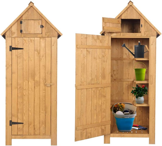 Outvita Outdoor Storage Cabinet, 70in Wooden Vertical Garden Tools Shed, Patio Storage Organizer with Latch & Waterproof Roof for Yard Deck Lawn Farmland Equipment(Natural)