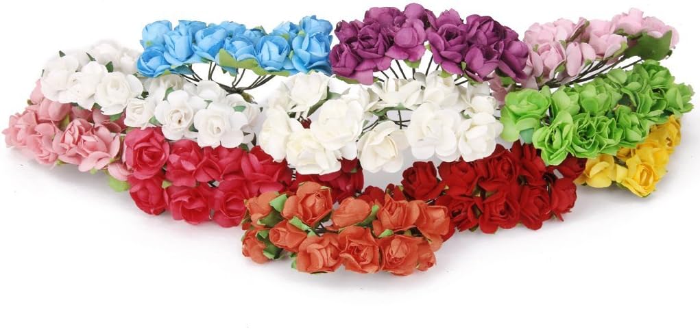 Mini Fake Rose Flower Heads 144pcs Mini Artificial Mulberry Paper Roses Flower with Wire Stem DIY Wedding Flowers Accessories Make Bridal Hair Clips Headbands Dress (Navy Blue)