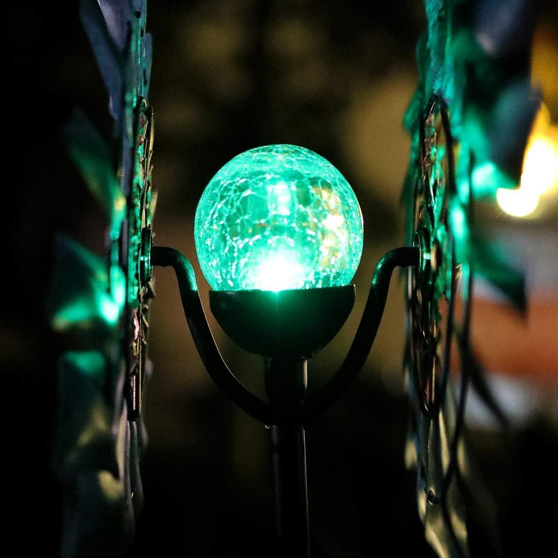 Solar Wind Spinner Azure 360 Degrees Rotate with Multicolor Crackle Glass Globe LED Light Kinetic Dual Direction Outdoor Windmill Ornaments for Garden Backyard Lawn Decoration