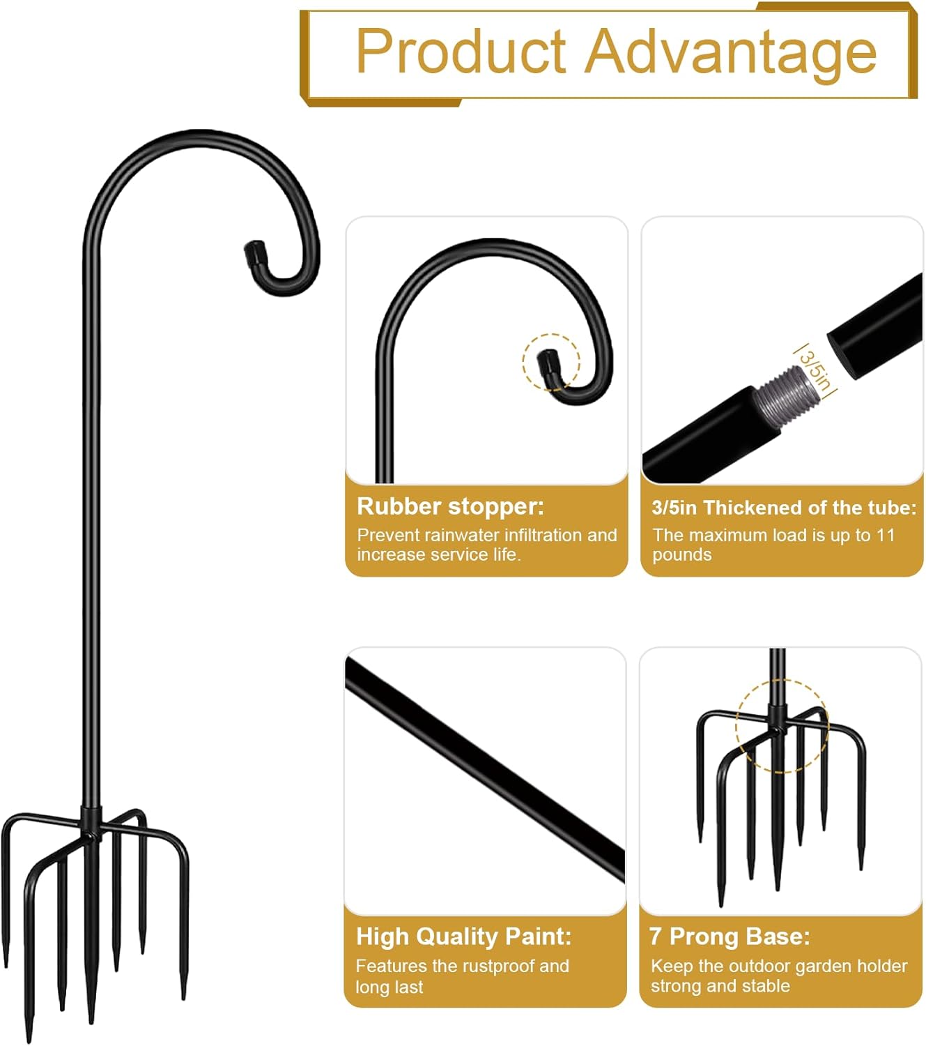 Shepherd Hook 92 Inch Tall Heavy-Duty Metal Garden Hanging Pole Stake for Bird Feeder Pole Plant Baskets, Black (1 Pack)