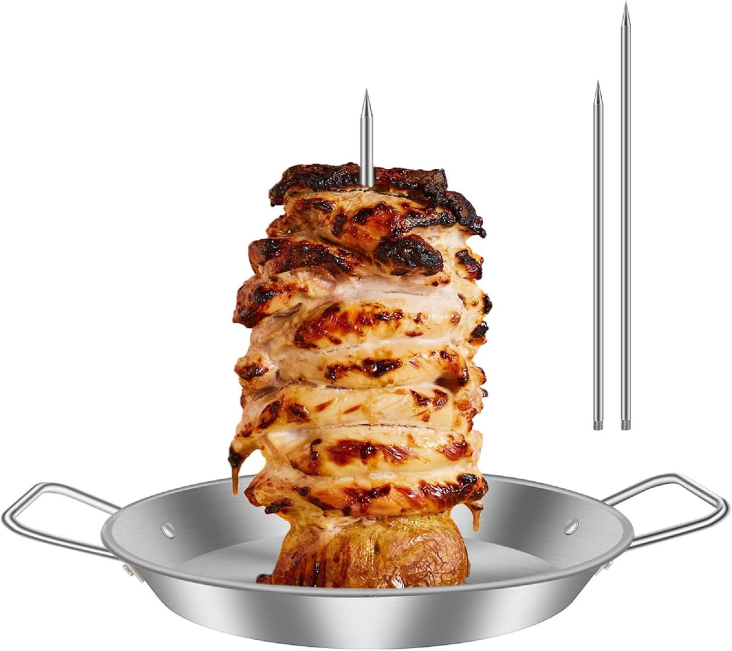 Vertical Skewer Pan, BBQ Skewer for Al Pastor, Stainless Steel Vertical Spit Stand with 3 Removable Spikes (8" / 10" / 12") for Oven Grill Use, for Shawarma Kebabs Tacos Barbecue Dishes