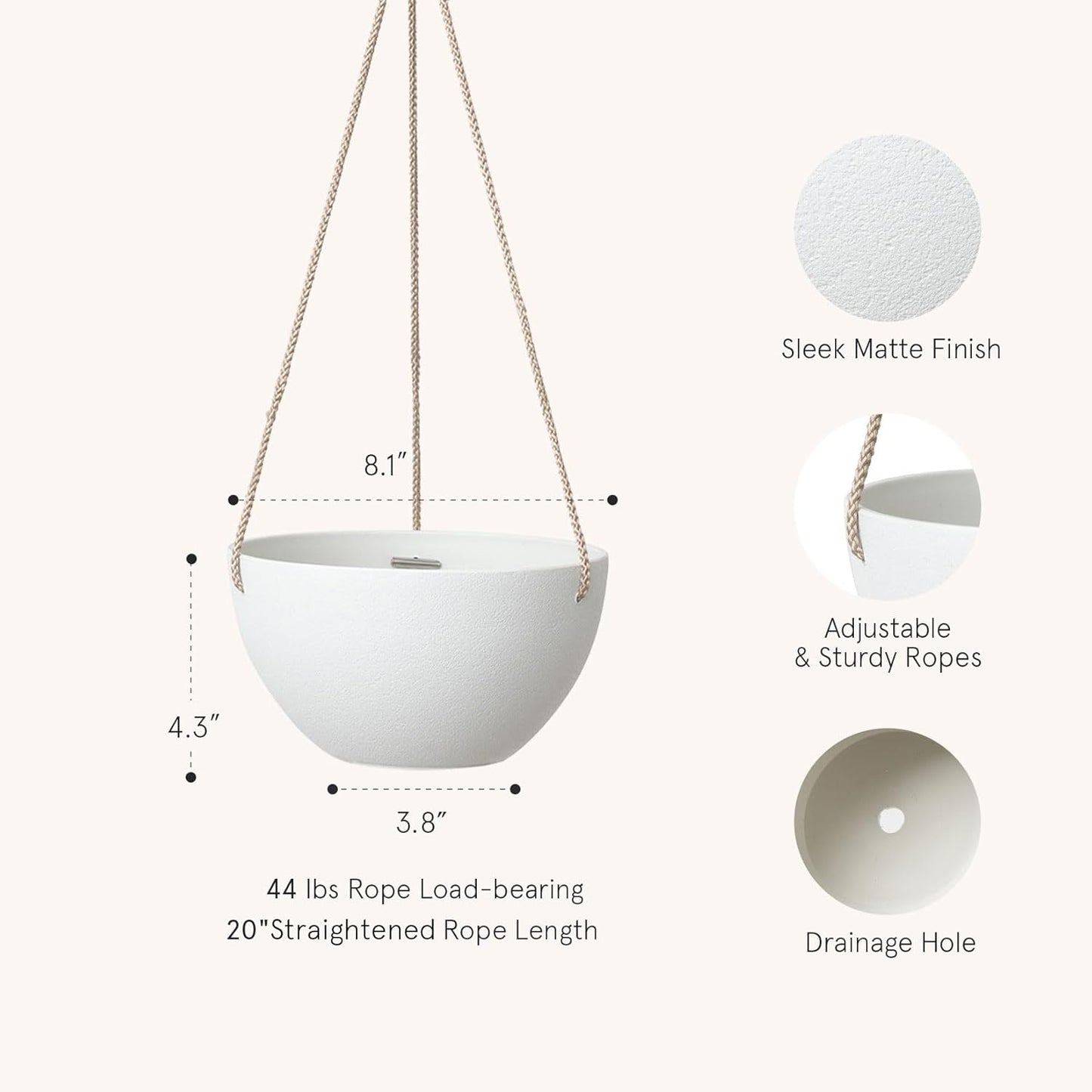 La Jolie Muse White Hanging Planter Basket - 8 Inch Indoor Outdoor Flower Pots, Plant Containers W/ Drainage Hole, Plant Pot for Hanging Plants, Pack 2