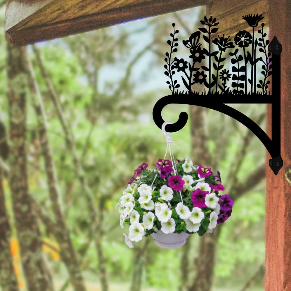 Peacoblue Iron Plant Hangers Hooks for Outdoor Indoor Hanging Plants Flower Fern Pot Lantern Bird Feeder Wind Chimes, 12"x15" Weather Resistant Metal Wall Holder for Porch Garden Farmhouse(Wildflower)