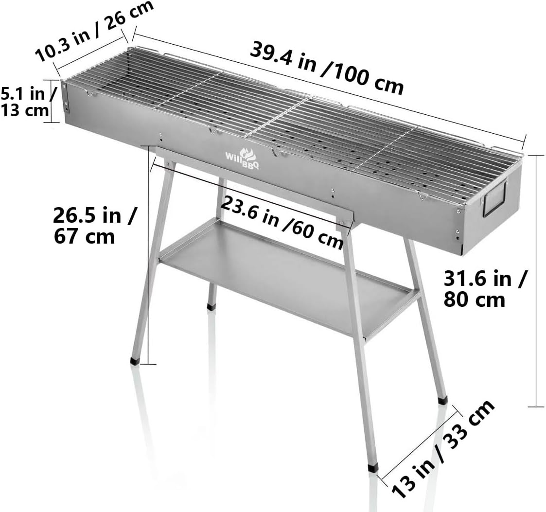 Charcoal Grills Commercial Quality Portable Multiple Size Hibachi BBQ Lamb Skewer Folded Camping Barbecue Grill for Garden Backyard Party Picnic Travel Outdoor Cooking Use(39.4x10.3x5.1 inch)