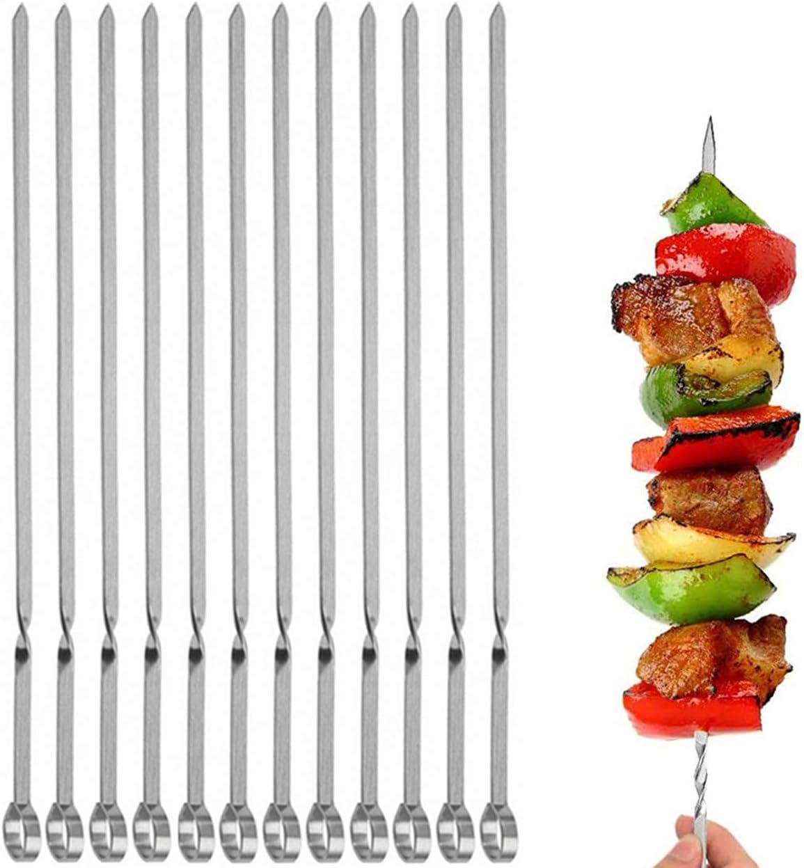 12PCS Kabob Skewers Flat Metal BBQ Barbecue Skewer 14" Long Stainless Steel Shish Kebob Sticks Wide Reusable Grilling Skewers Set for Meat Shrimp Chicken Vegetable, 12 Pack
