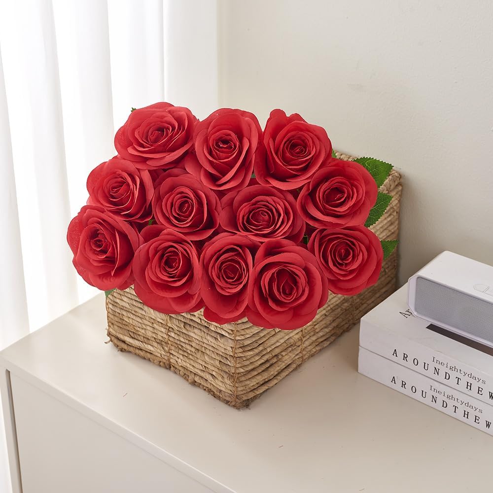 12pcs Roses Artificial Flowers Fake Roses Red Silk Roses Flowers Rose with Long Stems for Wedding Home Party Centerpieces Decorations