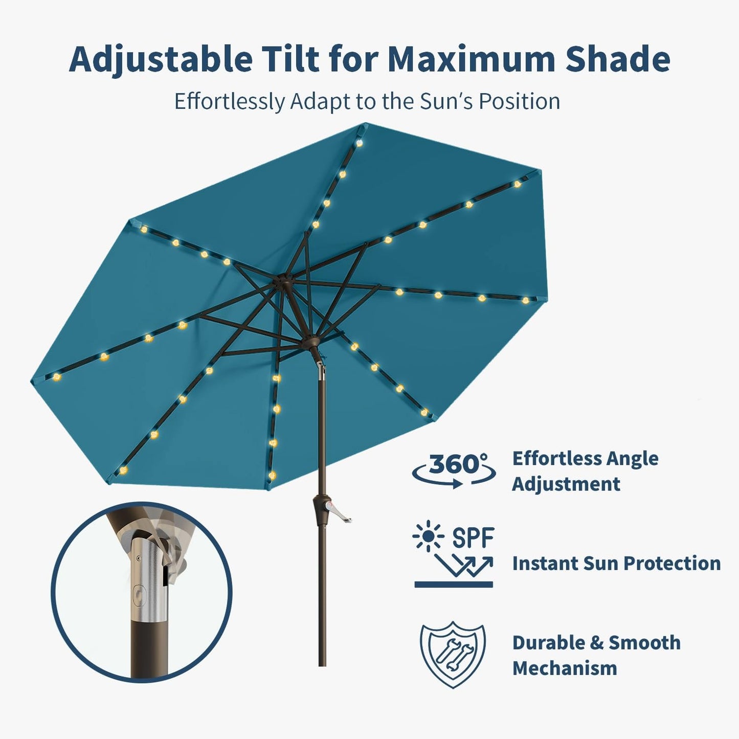 10FT Solar Umbrella 32 LED Lighted Patio Umbrella Table Market Umbrella w/Tilt and Crank, UV-Resistant Outdoor Umbrella for Pool, Garden, Deck, Lake Blue