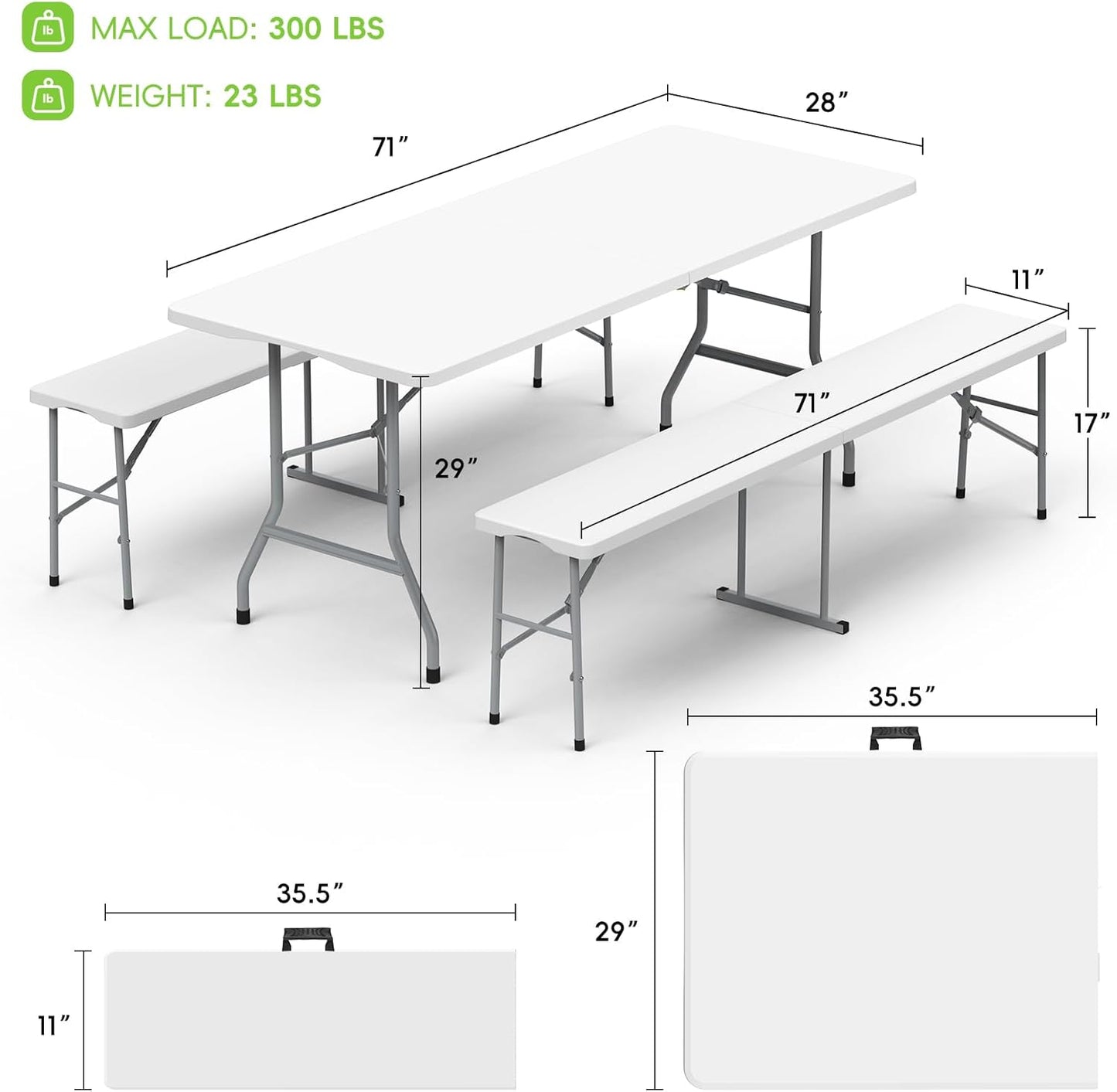 HLPB Folding Table Picnic Table Set, 6 ft Camping Table with 2 Benches, Outdoor Indoor Portable Folding Furniture for Working Meeting Party, Camping, Picnic, Weddings w/Handle and Safety Locks, White