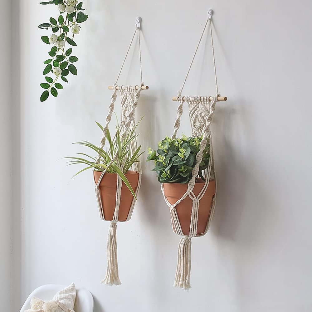 Boho Macrame Plant Hangers - Handmade Hemp Rope Hanging Baskets for Plants with Ceiling Hooks, Bohemian Home Decor Wall Art