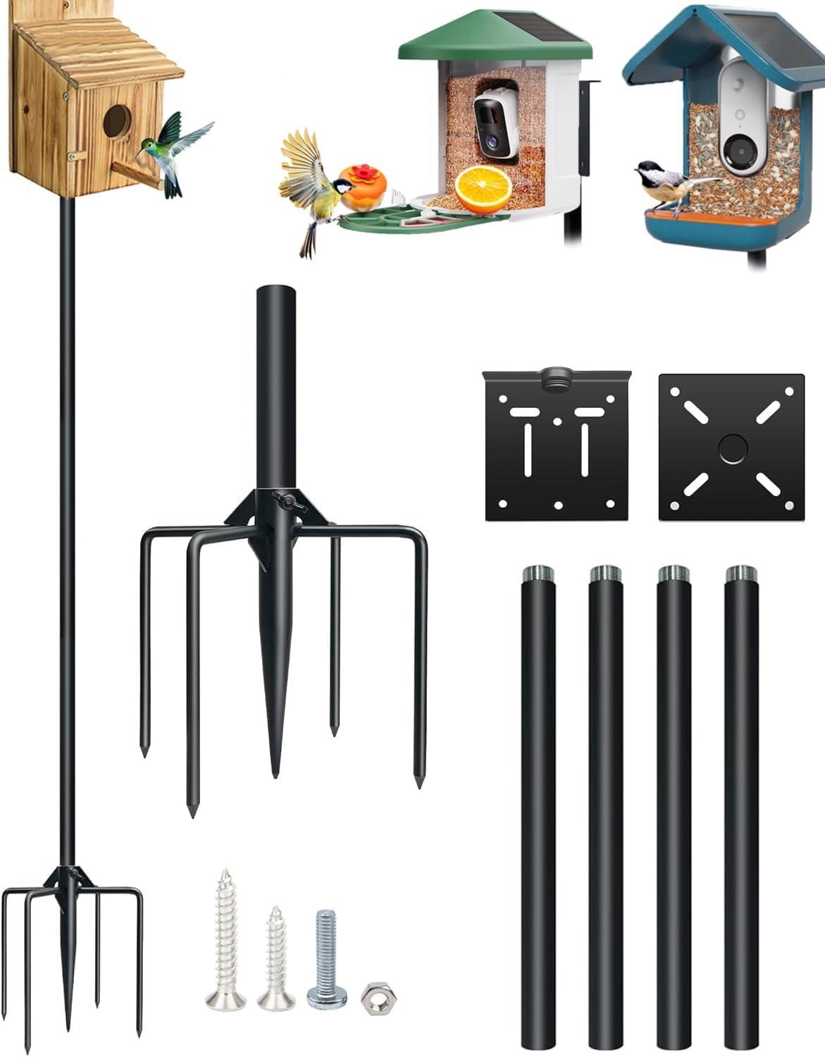 QwayHome【New Upgrade】 80In Smart Bird House Poles, 1Inch Dia Poles, Outdoor Bird Feeder Pole Mount Kit for Smart Bird Feeder & Wooden Birdhouse & Weather Station, Heavy Duty, Adjustable, 5-Prong Base