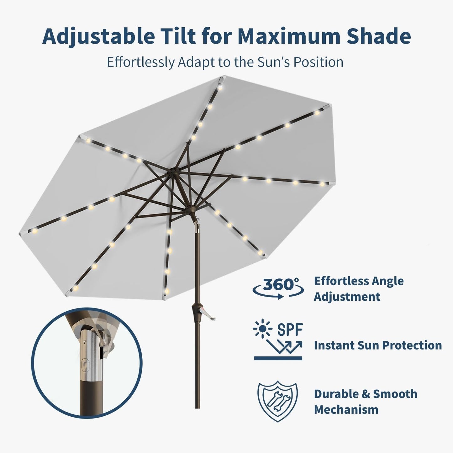 10FT Solar Umbrella 32 LED Lighted Patio Umbrella Table Market Umbrella w/Tilt and Crank, UV-Resistant Outdoor Umbrella for Pool, Garden, Deck, Light Gray