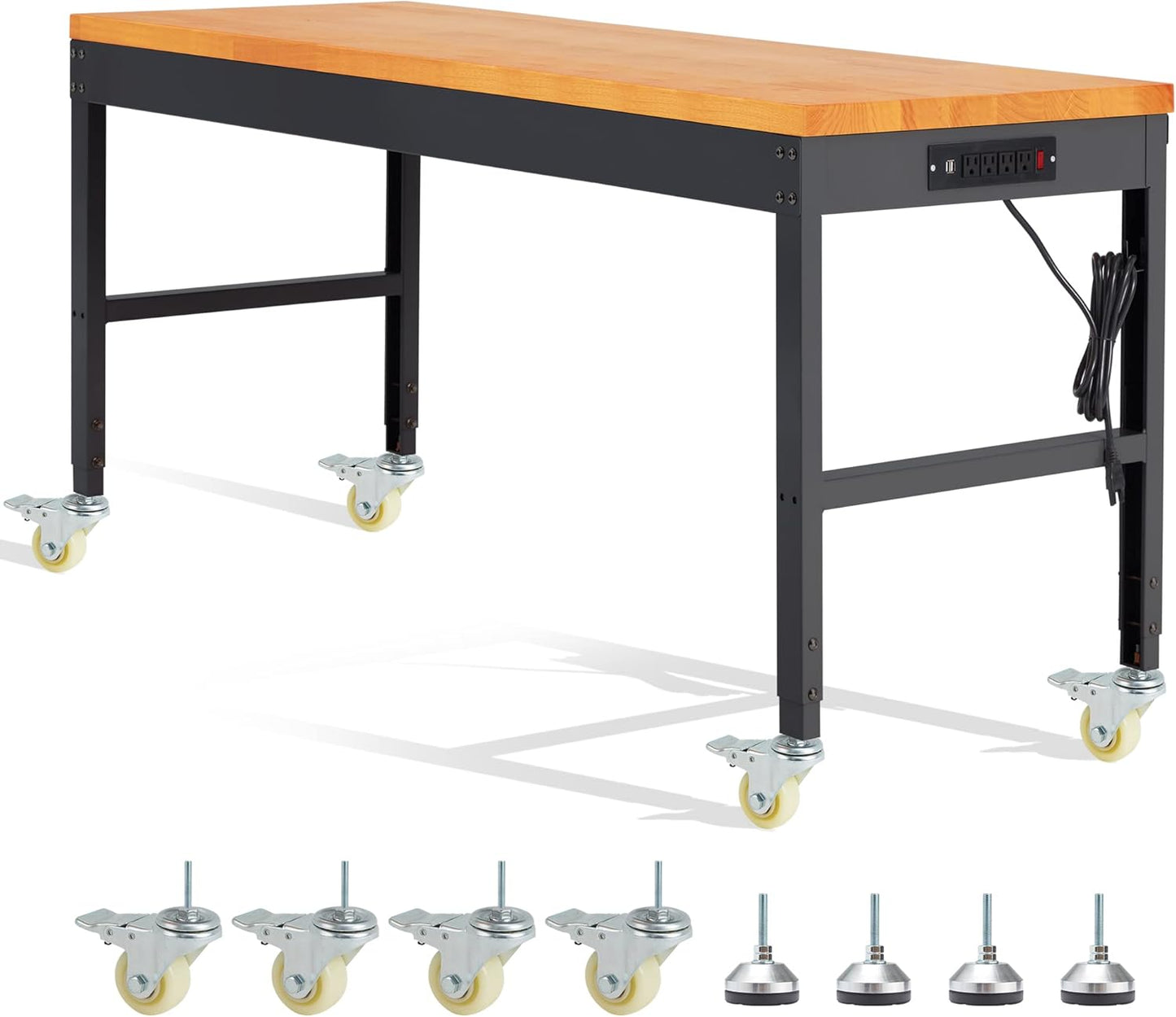 HABUTWAY Height Adjustable Workbench with Wheels 60" 2000 Lbs Capacity Solid Wood Work Station Heavy-Duty Rolling Work Tables for Garage Party Shop Office