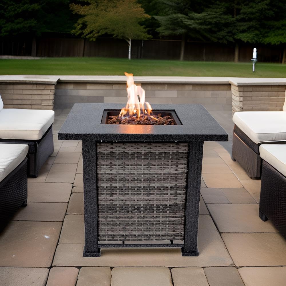 Adana Propane Fire Pit Table 28” Outdoor Firepit 50,000 BTU Firepits for Outside with Lava Rocks and Removable Lid Metal Fire Pit Outdoor Fireplace Propane Fire Pits for Outside CSA Certified