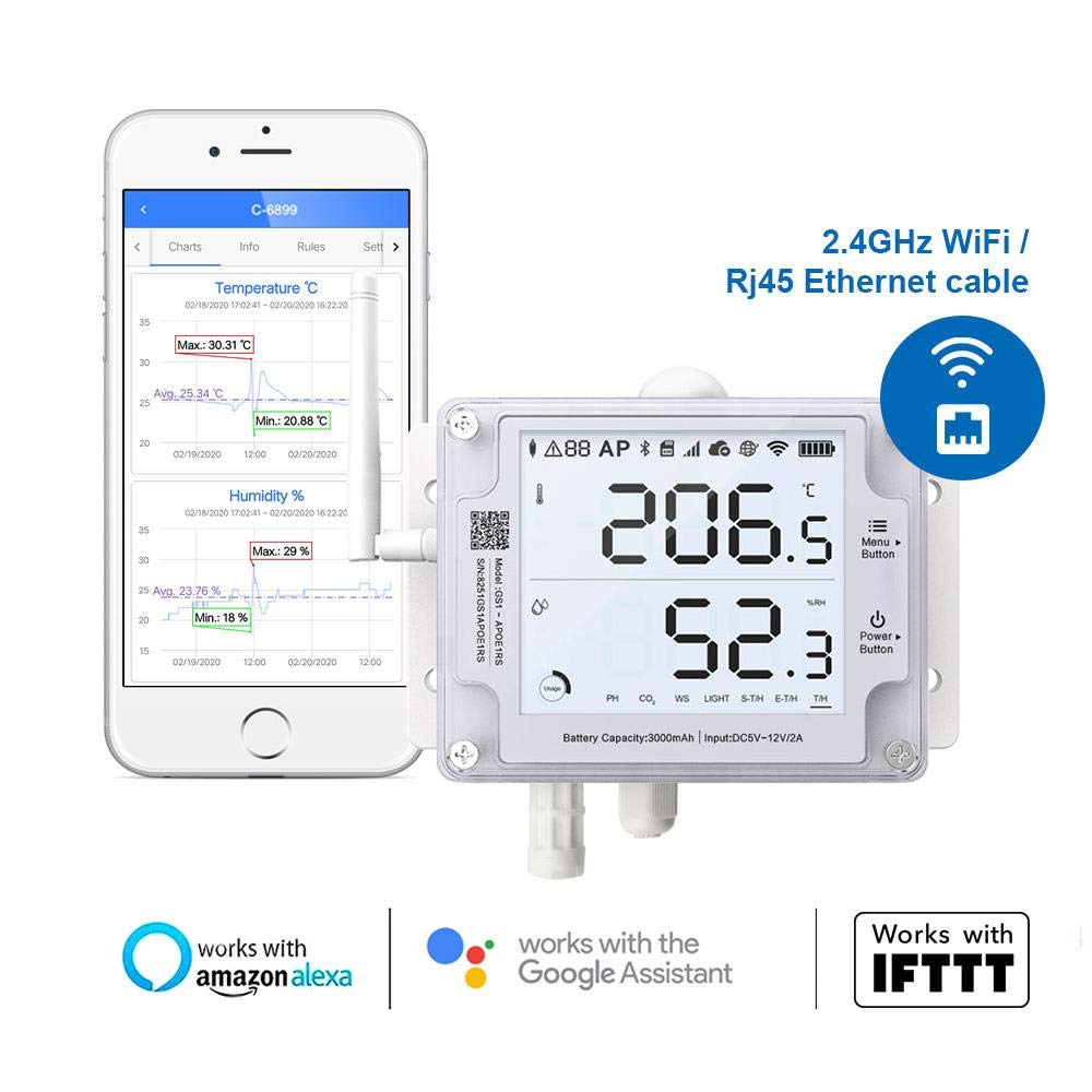 UbiBot GS1-AETH1RS + Soil Temperature Moisture Probe Ethernet Thermometer Hygrometer, WiFi Temperature Humidity Sensor, Digital Temperature Data Logger, Free App Email Alert