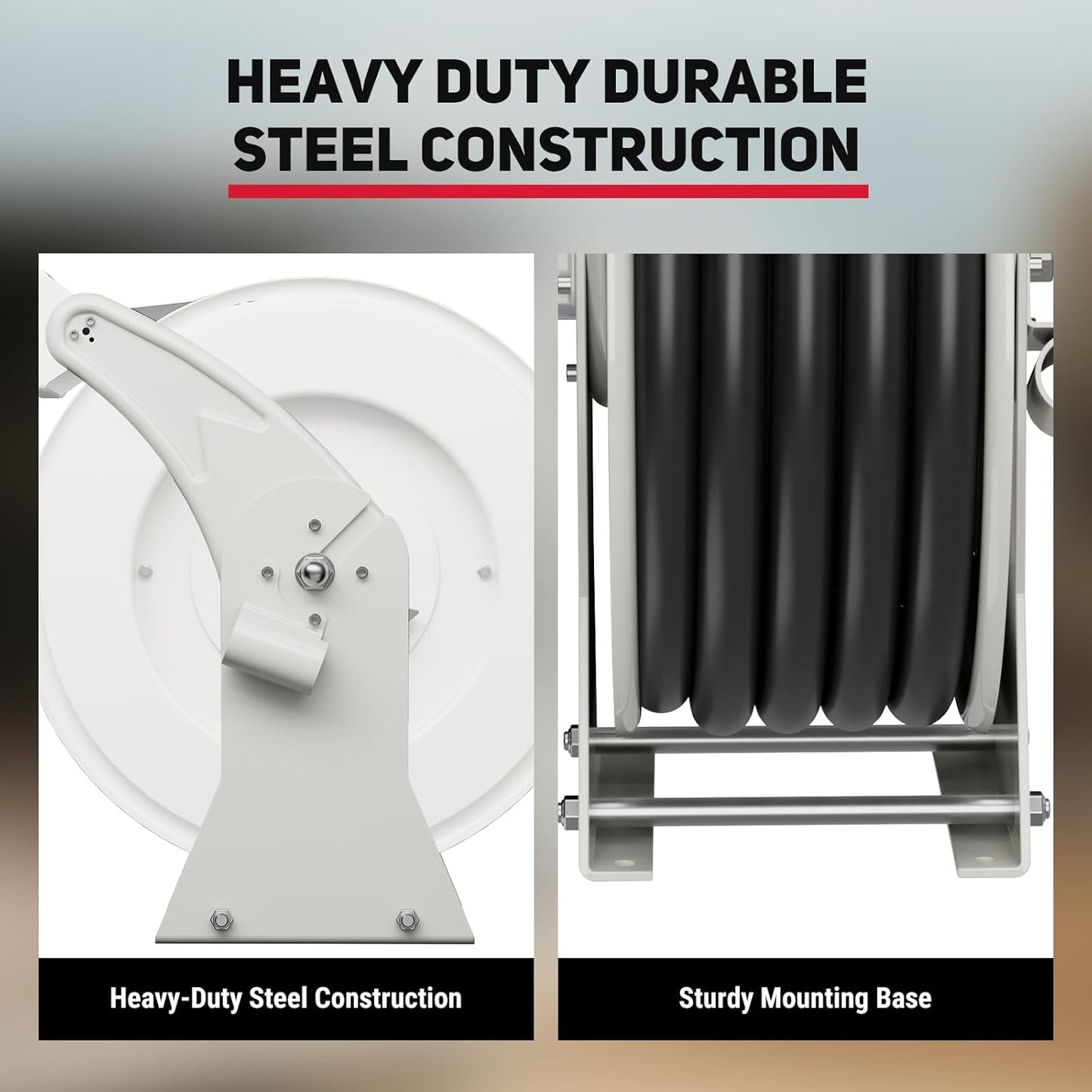 Retractable Fuel Hose Reel, 3/4 in × 66 ft Rubber Hose Heavy Duty Steel Professional Spring Driven Diesel Hose Reel with Fueling Nozzle Max 300PSI Auto Rewind Quick for Ship Vehicle Tank Truck