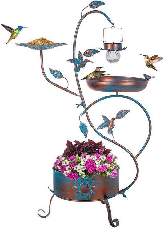 dreamysoul Metal Bird Bath for Outside, Birdbaths Outdoors with Planter and Feeder, Garden Blue Bird Baths with Solar Lights