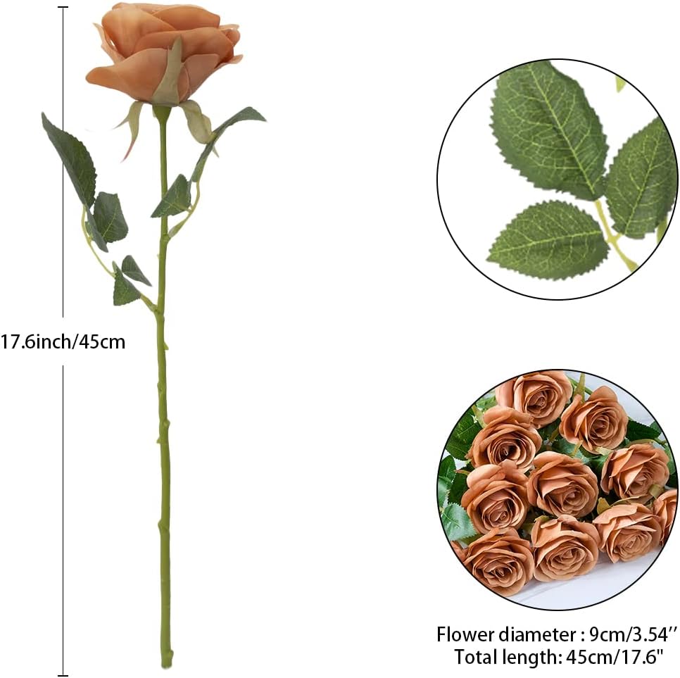 12pcs Rose Artificial Flowers Fake Roses Dusty Orange Silk Roses Orange Silk Flowers Rose with Long Stems for Wedding Home Party Centerpieces Decorations