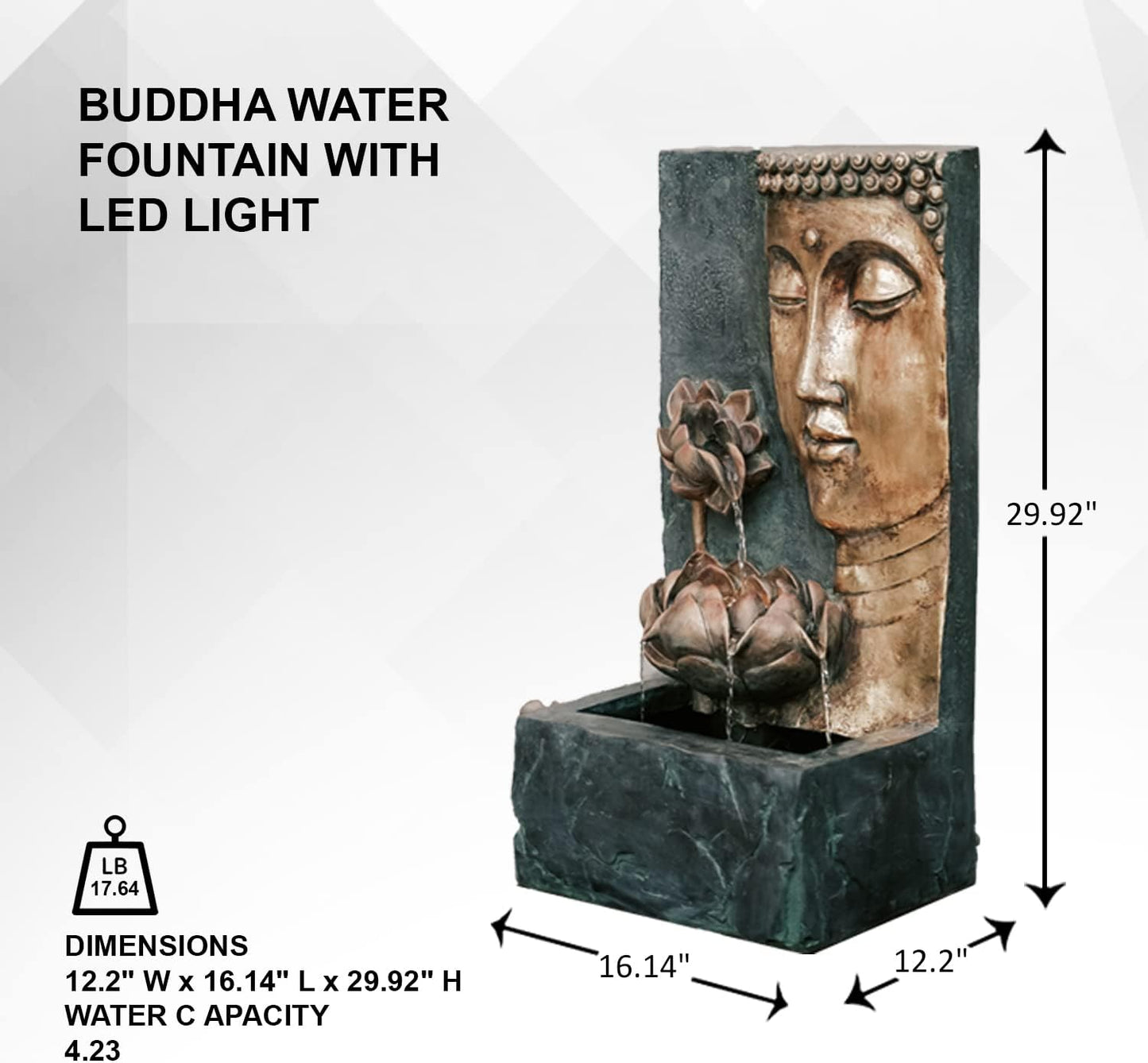 XBrand 30" H Zen Buddha Face Water Fountain w/LED Light & Pump, Indoor/Outdoor Freestanding, Relaxing Zen Décor, Bronze and Natural Grey Polyresin Fountain for Home Patio Garden Backyard