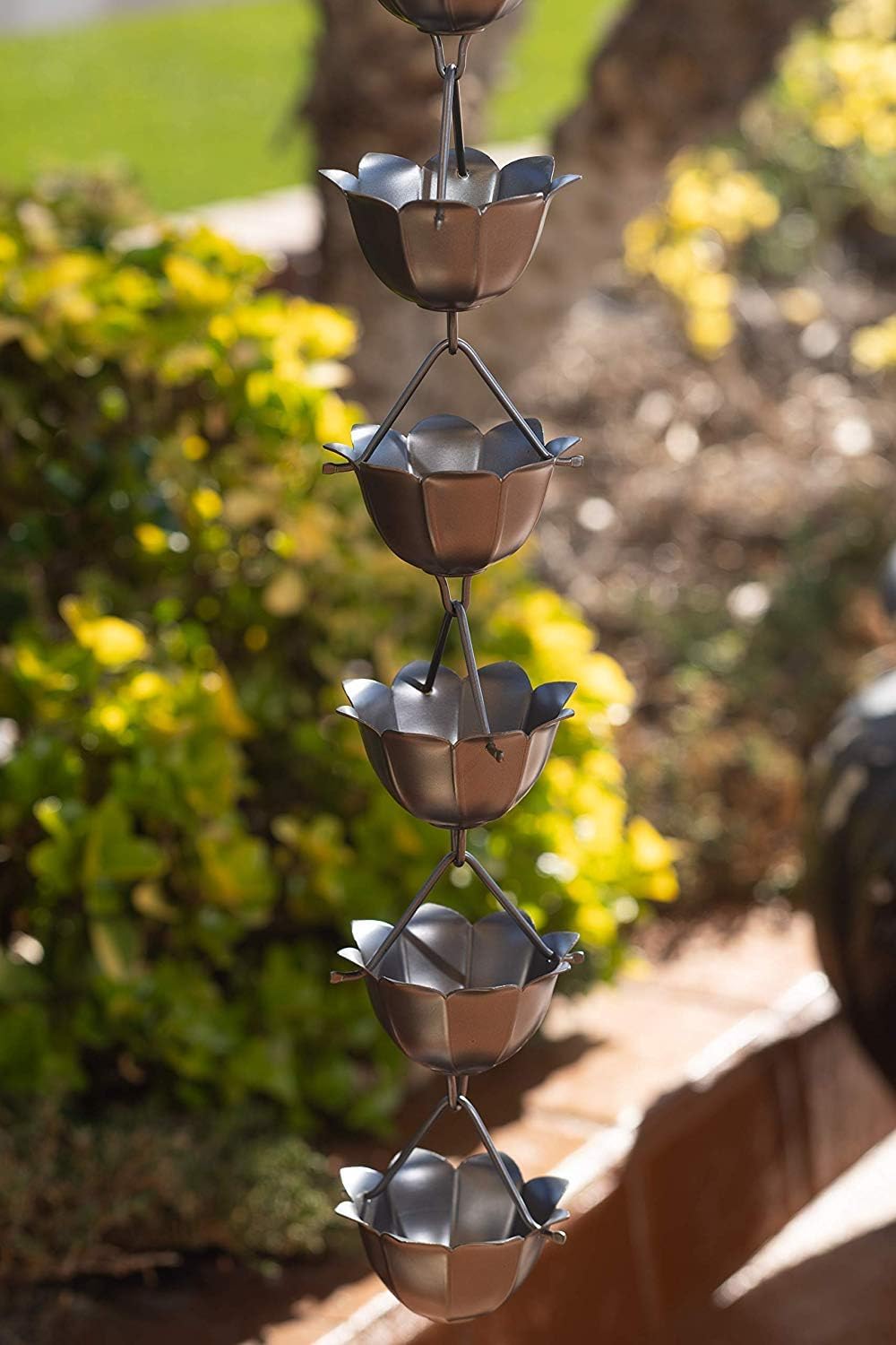 Monarch Rain Chains Aluminum Large Lotus Rain Chain, 8.5 ft Pewter Powder Coated Aluminum Decorative Rain Catcher Chain for Gutters, Pewter Aluminum Rain Gutter Replacement Downspout