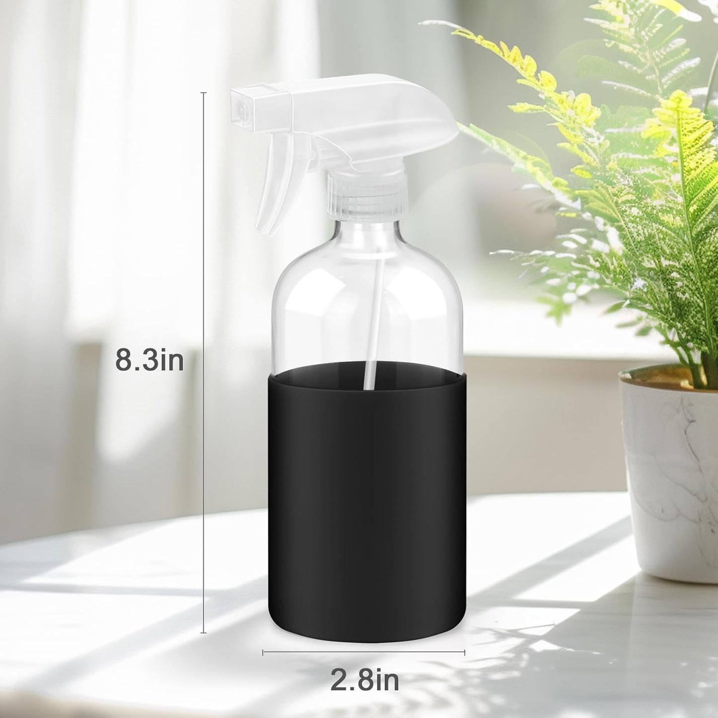 2 Pack Glass Spray Bottles with Long Silicone Sleeve, 16 oz Empty Refillable Containers with Adjustable Spray Nozzles, Spray Bottles for Hair, Cleaning Solutions and Plants khaki&Black