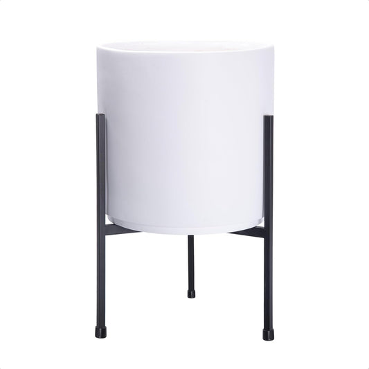 D'vine Dev Modern White Plants Pot Cylinder Planter with Heavy Duty Stand, Small 8 Inch Pot, 15 Inch with Stand Height, 96-T-A-1