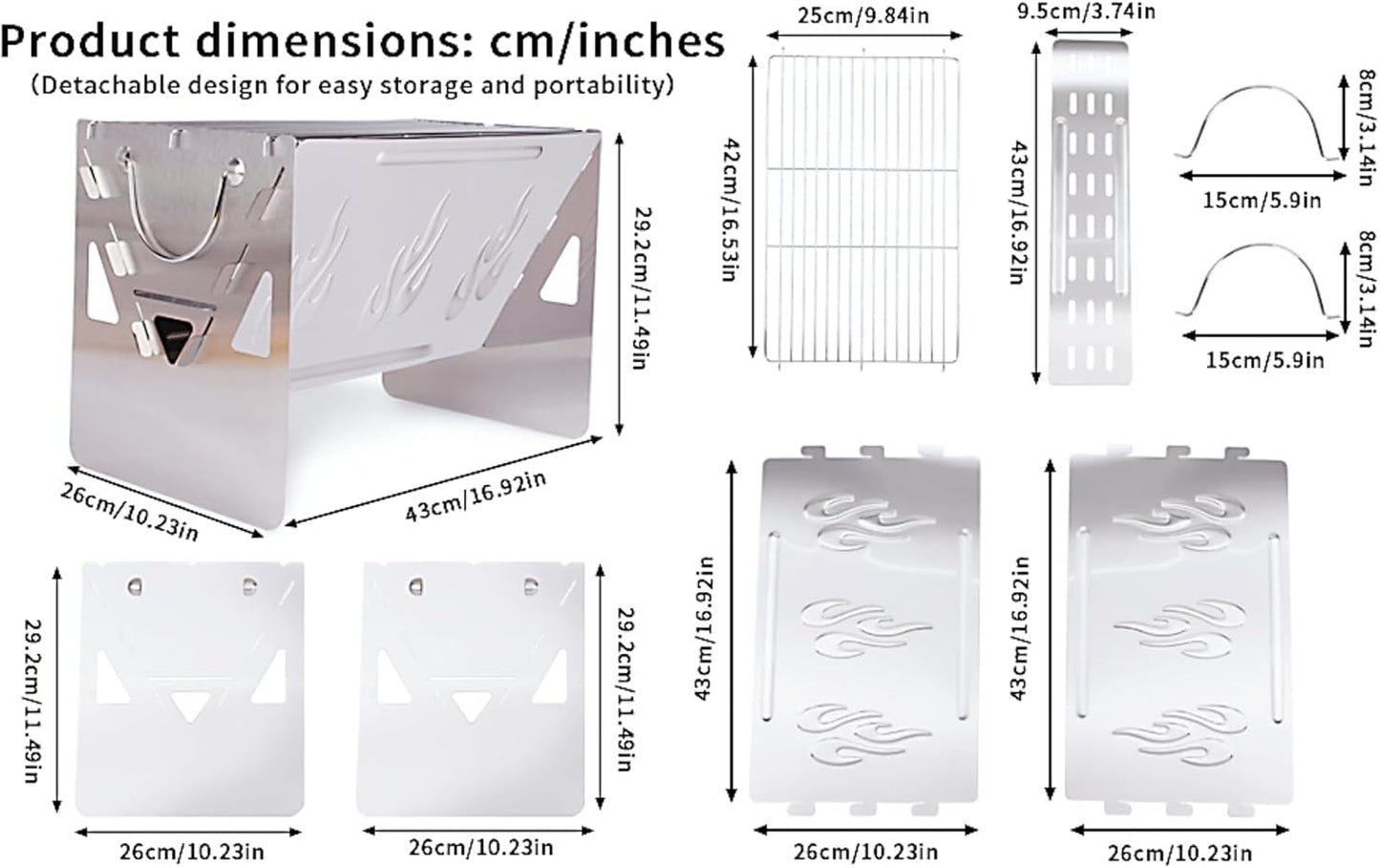 Travel-Ready BBQ Grill with Carry Bag,16.92-inch,Portable Compact Foldable Camping Grill,Easily disassembles for storage in a carrying bag,Stainless Steel Charcoal Grill, Outdoor barbecue fire pit