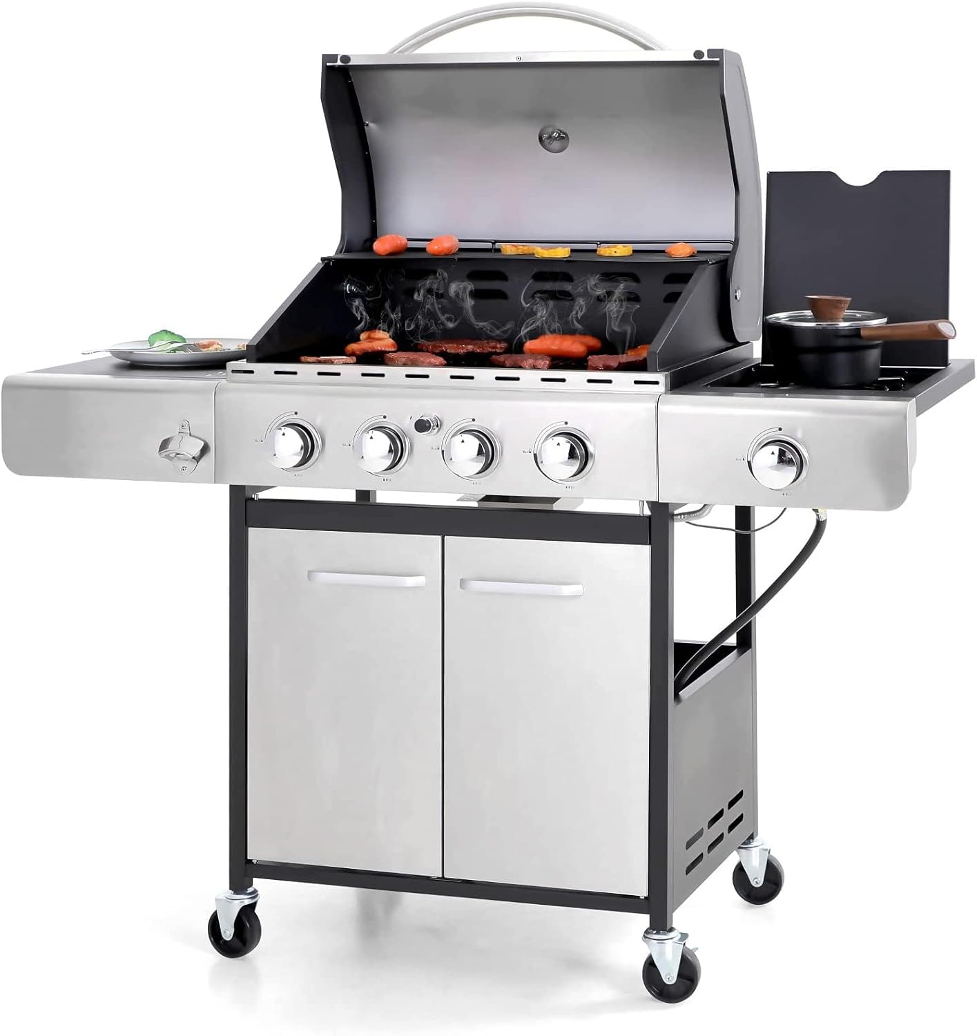 Sophia & William 4-Burner Propane Gas BBQ Grill with Side Burner and Porcelain-Enameled Cast Iron Grates, Stainless Steel Barbecue Grills Outdoor Cooking, Silver Cabinet Style, 42,000BTU