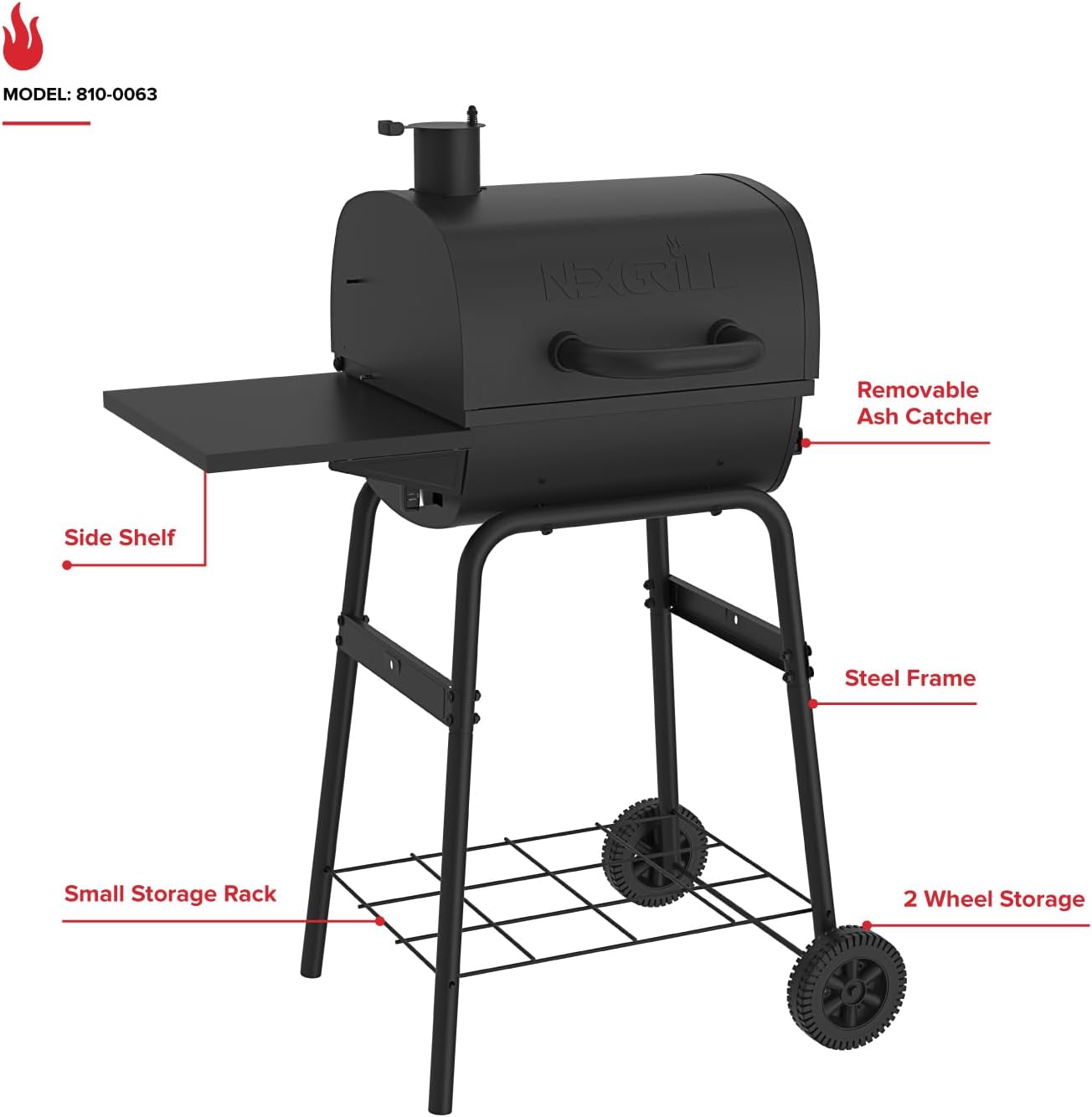 Nexgrill 17.5" Charcoal Grill with Side Shelf, 349 SQ In Cooking Space, Adjustable Chimney, Air Dampers, Temperature Gauge, Warming Rack, Barrel Smoker Grill for Camping, Picnics, and More - 810-0063