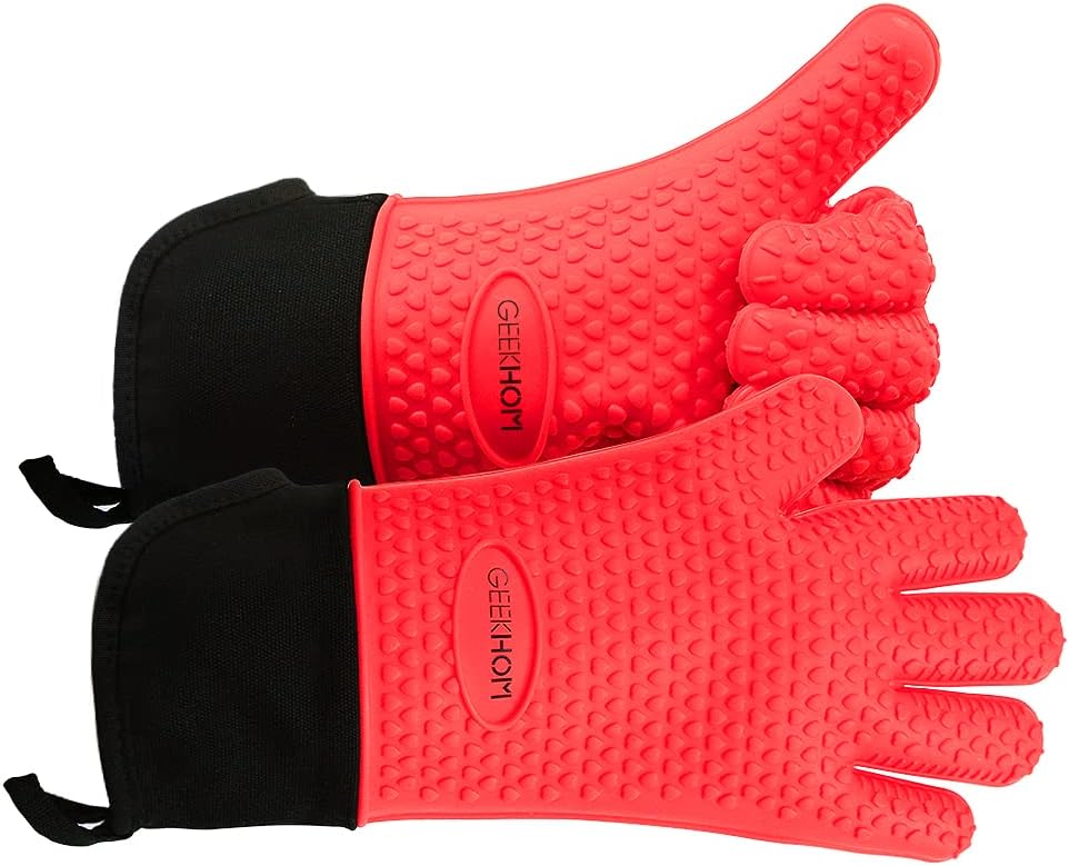 GEEKHOM BBQ Gloves Heat Resistant Oven Mitts - Silicone Grilling Gloves with 14" Long Arm Protection - Waterproof Pot Holder Non-Slip for Men & Women, Kitchen Cooking, Baking, Camping, Red