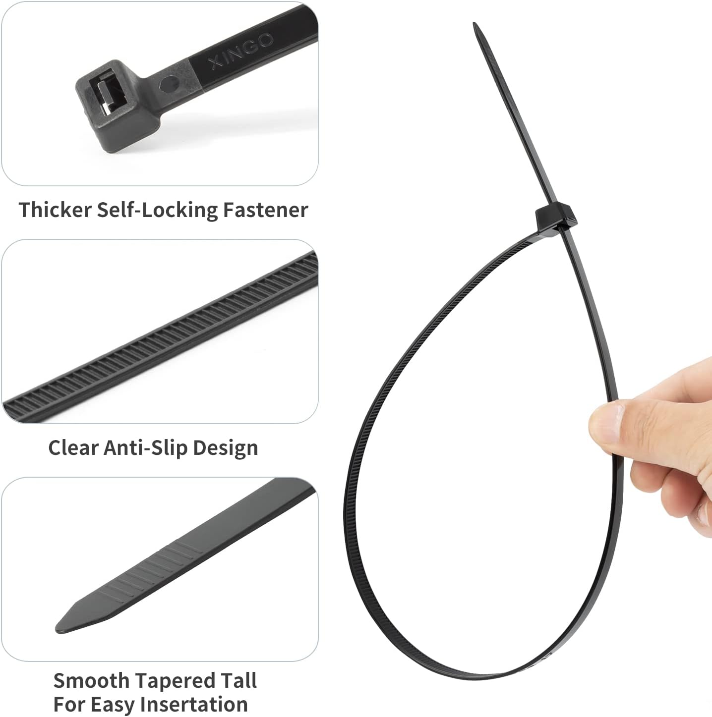 XINGO 16 inch Black Zip Ties Heavy Duty 60 PCS, 250 LBS Ultra Strong Plastic Wire Ties, Large Cable Ties Extra Long Tie Wraps, Indoor and Outdoor UV Resistant