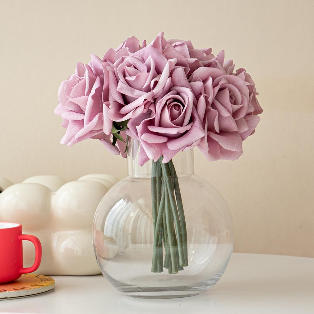 Artificial Roses Single Stem 10pcs Fake Silk Flower Arrangement Bouquet Real Touch for Home Party Wedding Decoration(Light Purple)