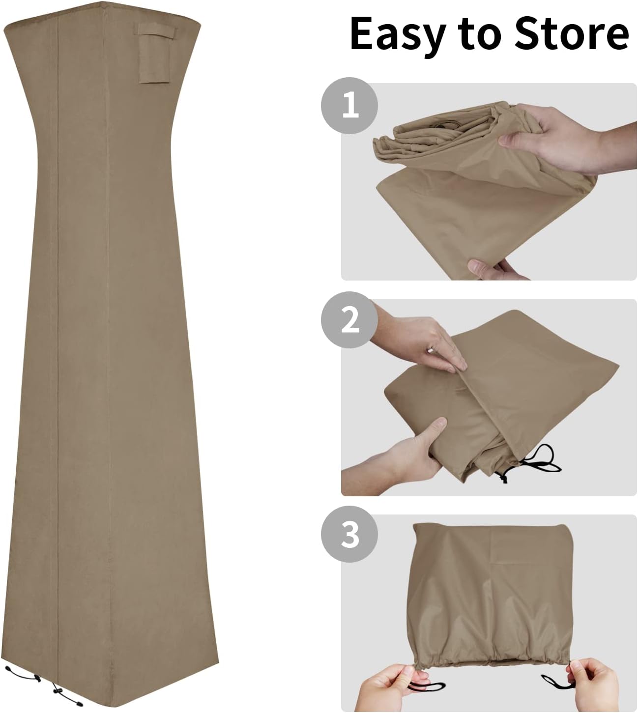 Easy-Going Pyramid Torch Patio Heater Cover with Zipper and Storage Bag, Waterproof Outdoor Heater Cover Dustproof, UV-Resisant, Wind-Resistant (90" H x 23" L x 23" W, Camel)