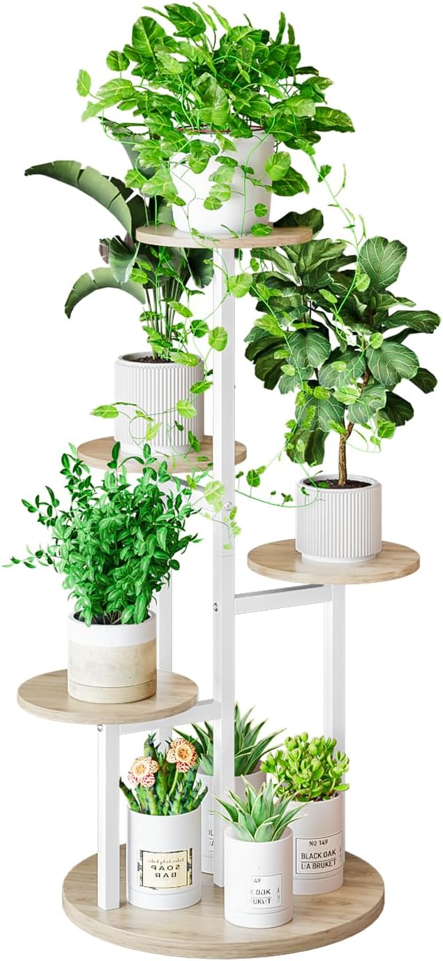 Plant Stand Indoor 5 Tier 8 Potted Multiple Flower Pot Holder for Patio Garden Balcony Living Room Corner (5 Tier White+Sonoma Oak)