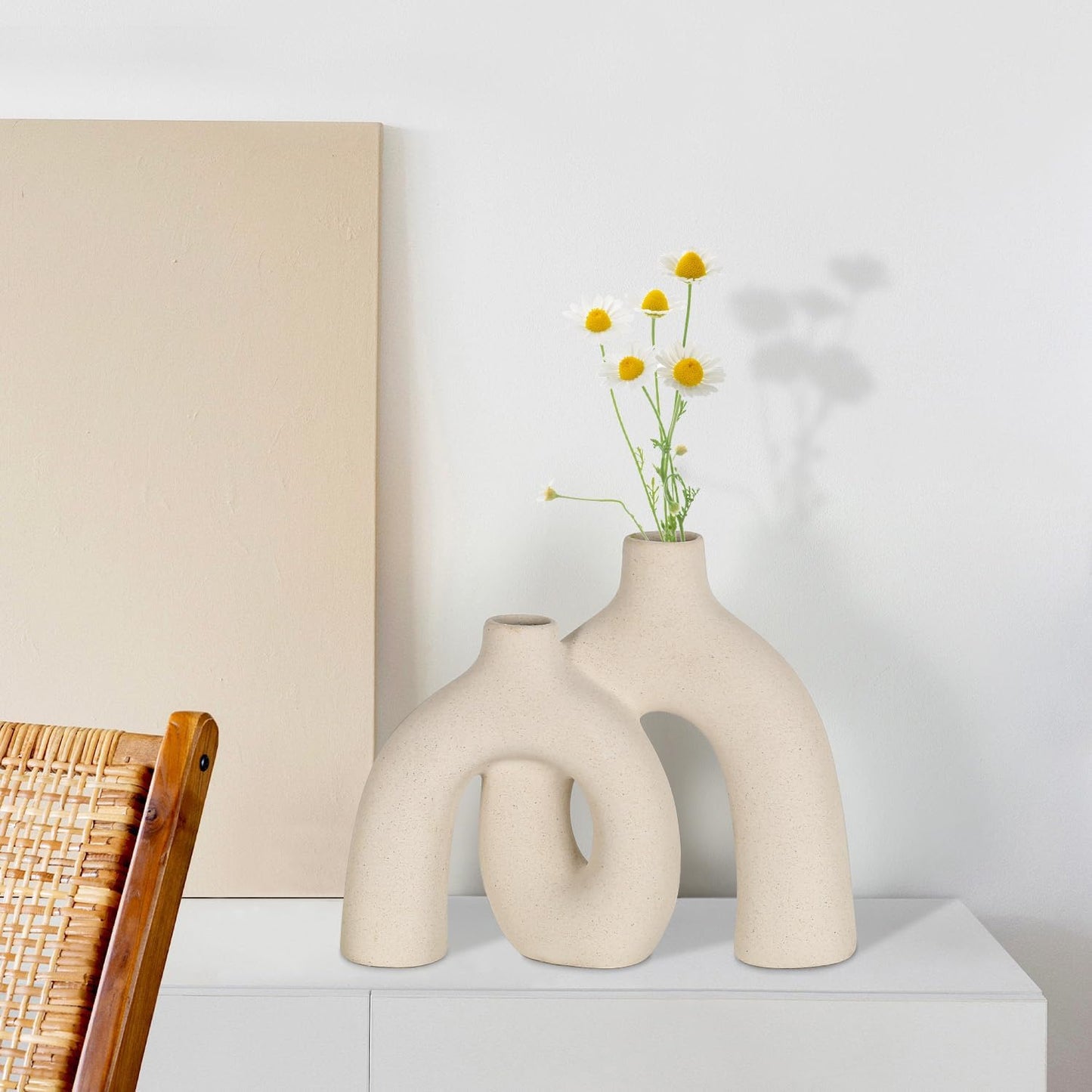 CEMABT Modern Nordic Boho Vase Set - Elegant Beige Matte Ceramic Home Decor for Living Room, Bookshelf, Mantel, Entryway Table & Console Décor | Shelf Decorations Gift