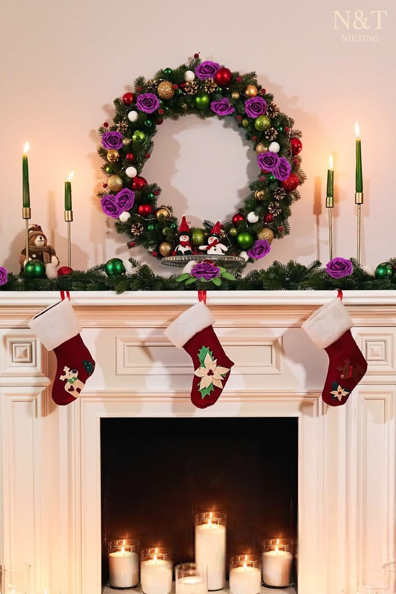 N&T NIETING Artificial Flowers Glowing Purple Flowers Foam 50pcs Glitter Roses Real Looking Fake Roses with Stem for DIY Wedding Bouquets Centerpieces Bridal Shower Party Home Decorations